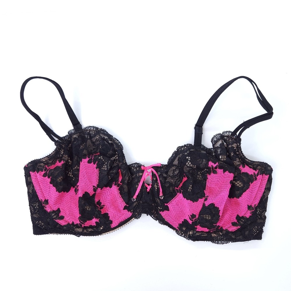 Victoria's Secret Unlined Demi Bra Black Hot Pink Tan Lace Underwire Size 36DD